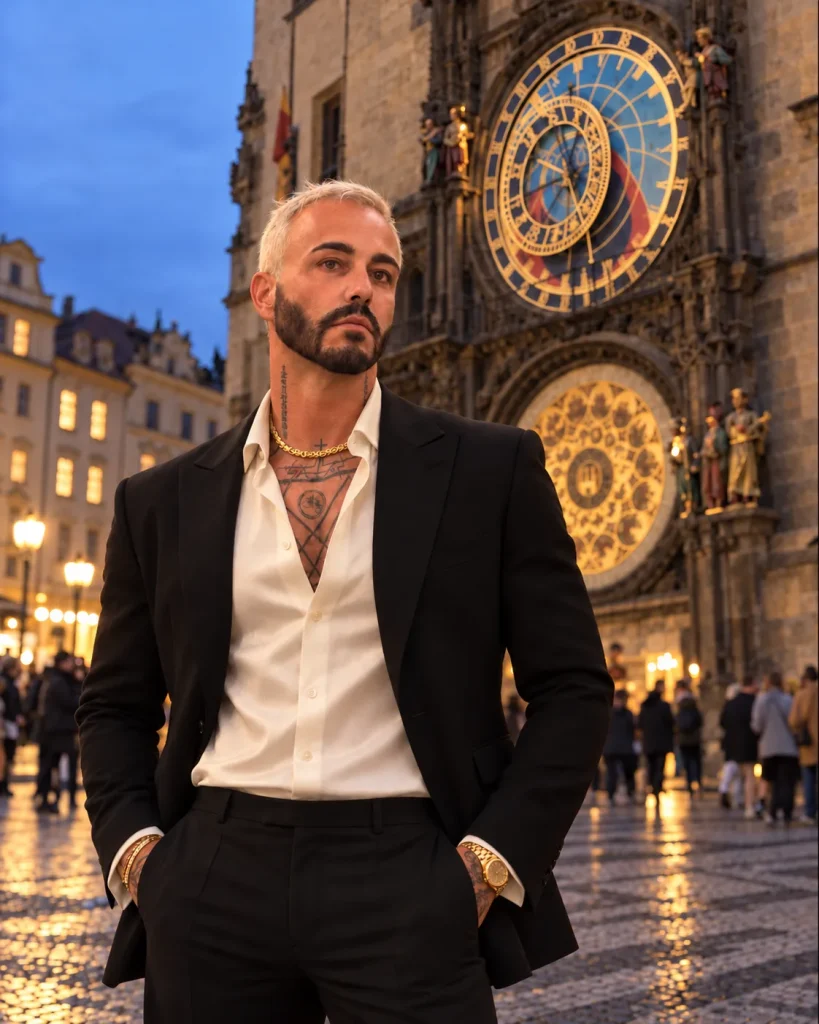 Daniel von Luxburg, author of The Architecture of Life, in front of the Prague astronomical clock