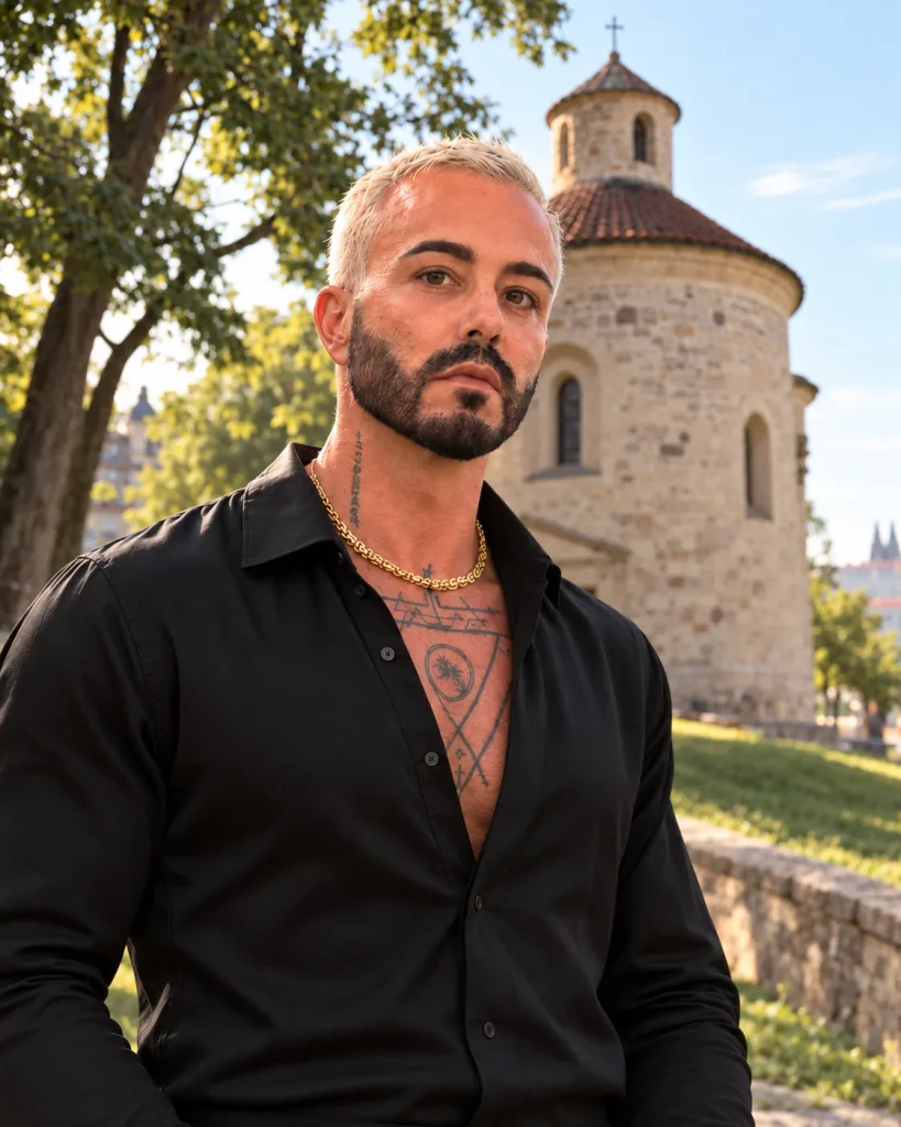 Daniel von Luxburg in front of a Romanesque rotunda in Prague